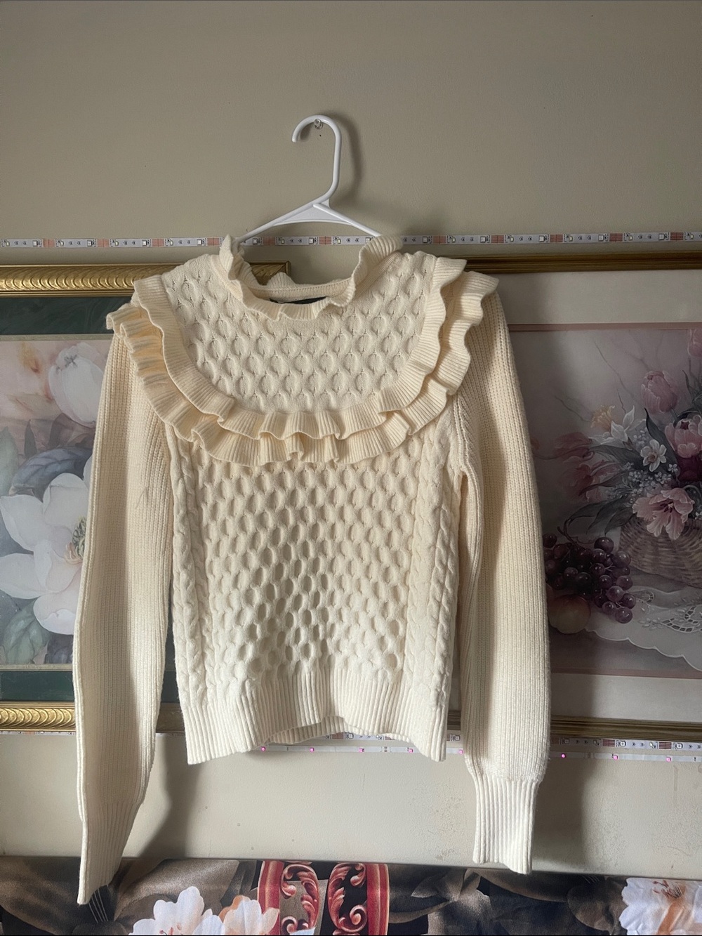 Forever 21 Cream Ruffled Cable Knit Sweater